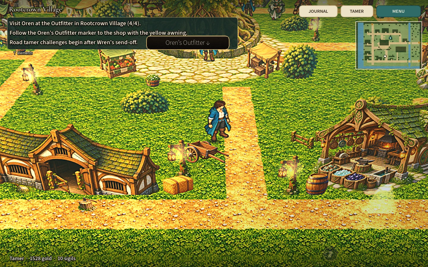 Actual Rootcrown Village development capture: timber buildings and market stalls beside golden paths, with the game interface visible.